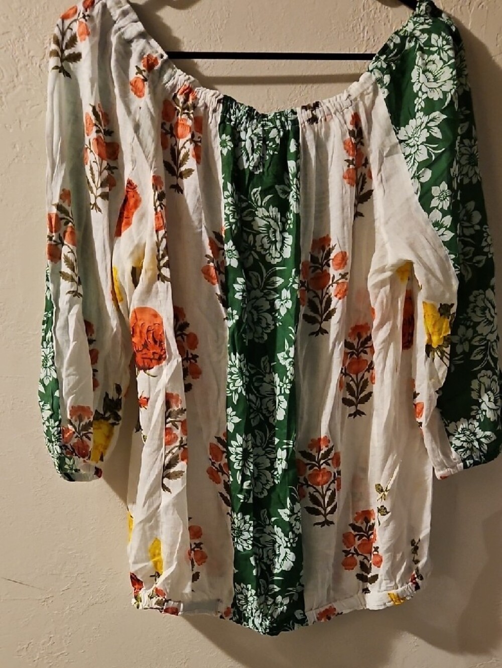 Floral Off-Shoulder Peasant Blouse in Green and White - Picture 6 of 6